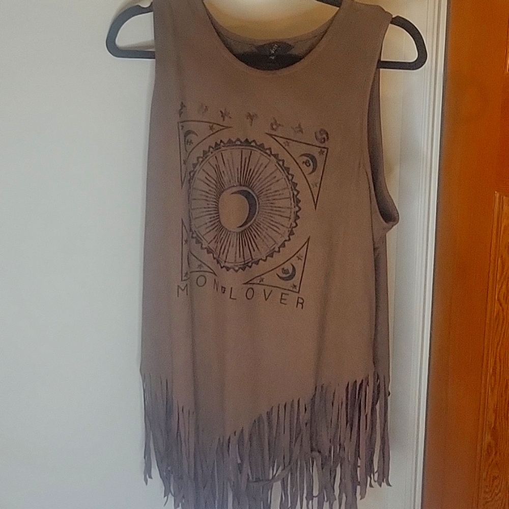 Moon Lover Bohemian Faux Suede Fringe Tunic Top